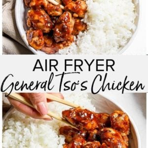 Air fryer general tso's chicken with chopsticks.