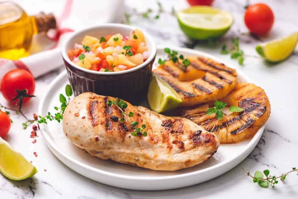 grilled chicken breast with pineapple salsa and grilled pineapple