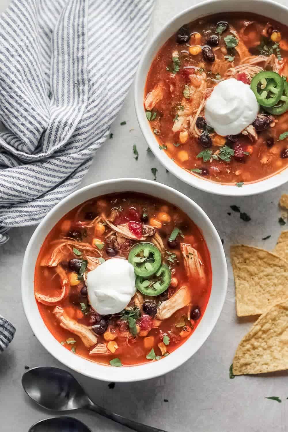 Chicken Enchilada Soup topped with sour cream
