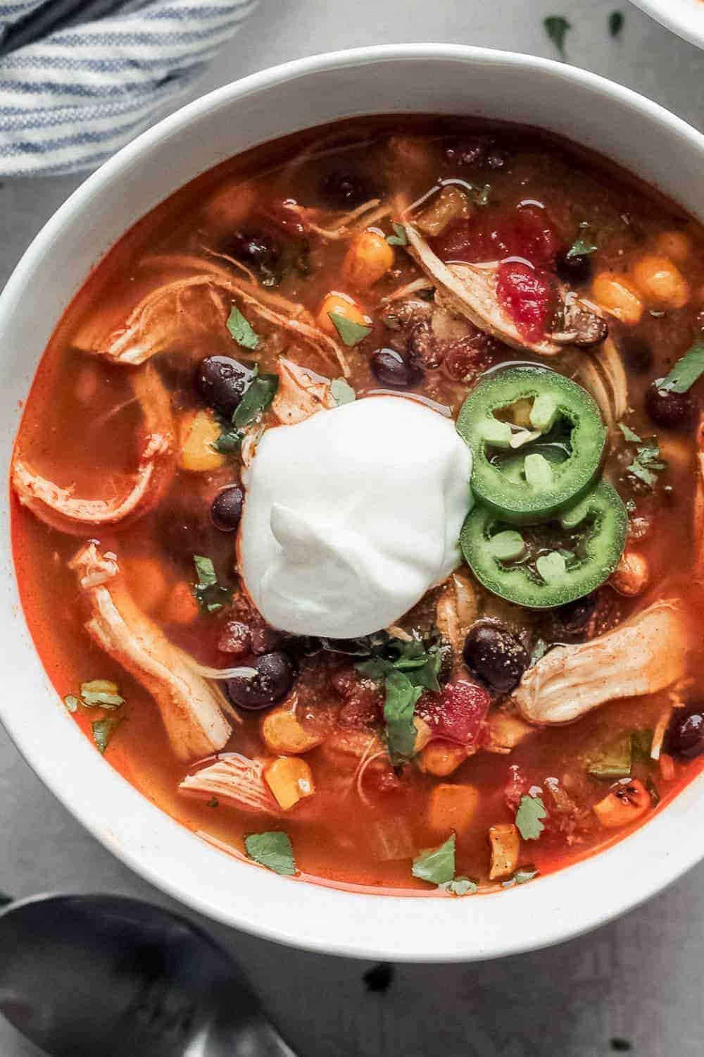 up close image of bowl of enchilada soup