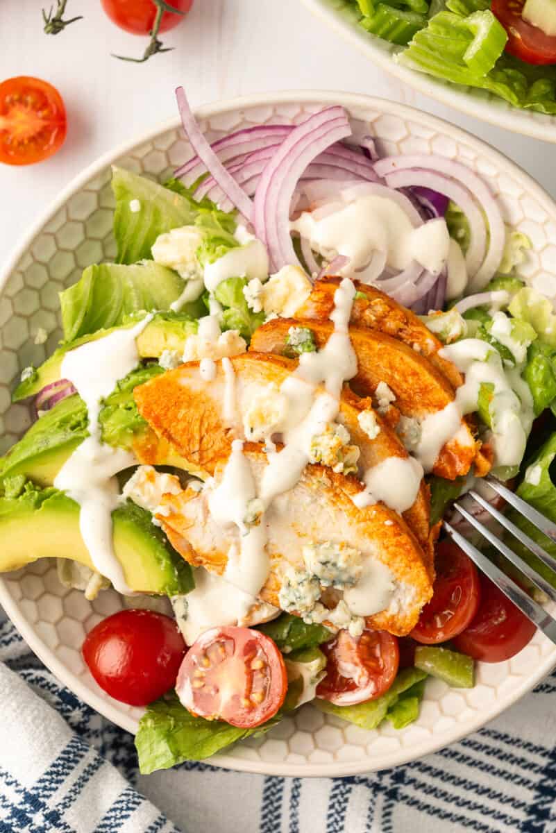 up close image of buffalo chicken salad in bowl