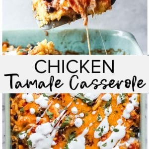 A chicken tamale casserole with a spoon, captured in a collage.