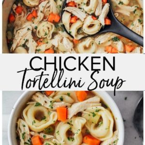 Bowl of chicken tortellini soup.