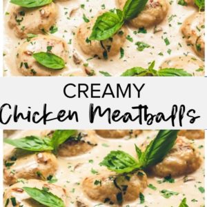 a collage of creamy chicken meatballs with sauce and basil.