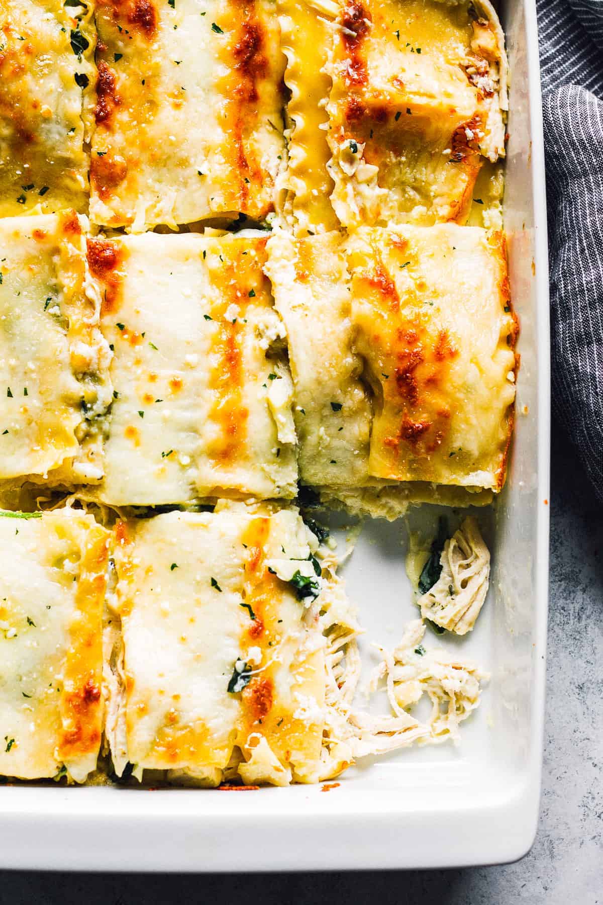 sliced white chicken lasagna in baking dish