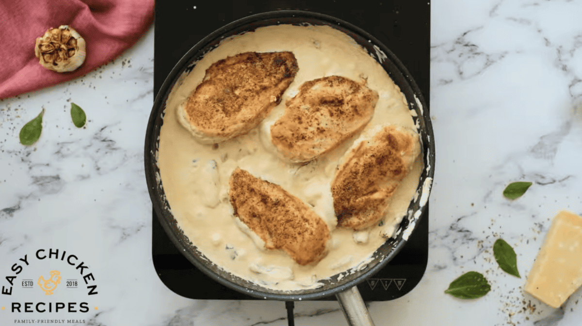 Chicken breasts are in a creamy sauce. 