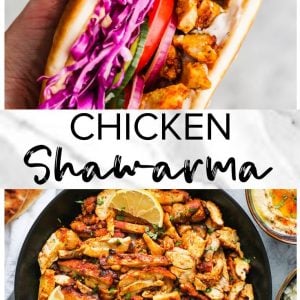 Chicken shawarma wrap with hummus and tzatziki sauce cooked in a skillet.