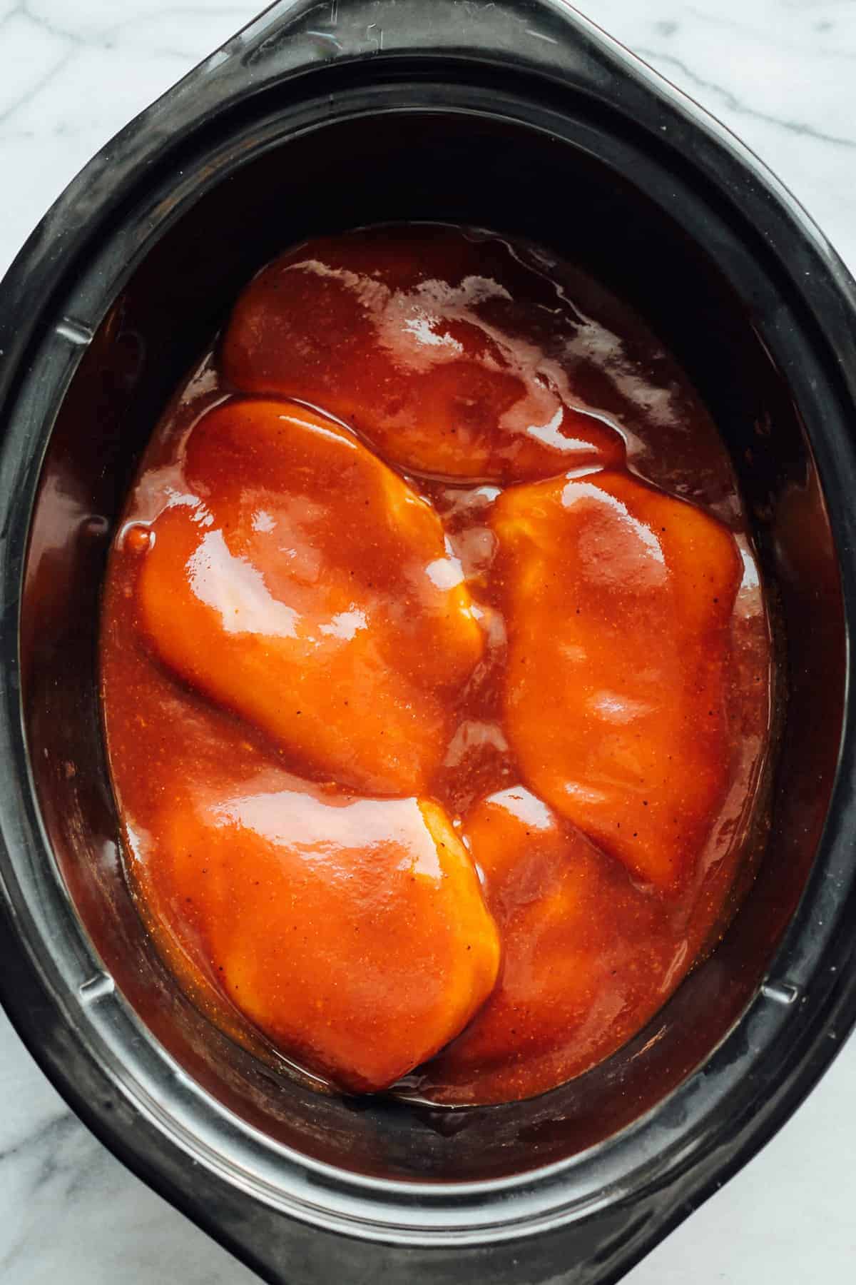 crockpot with BBQ pulled chicken