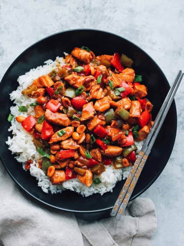 Flat lay photo of a bowl with Kung Pao Chicken