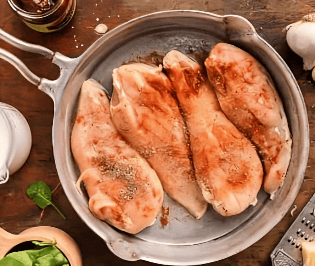 seasoned chicken breasts in a skillet.