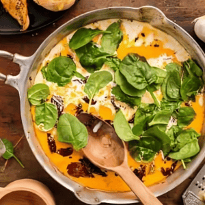 spinach over creamy orange sauce in a skillet with a wooden spoon.