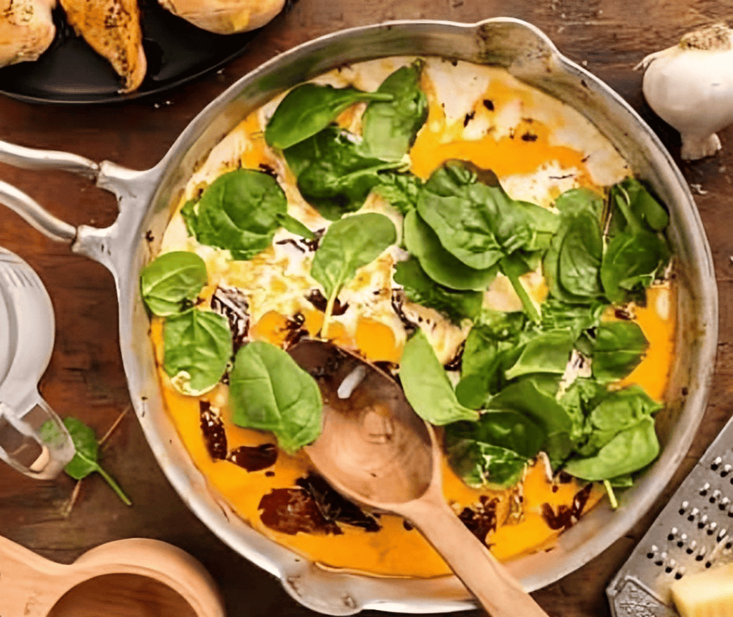 spinach over creamy orange sauce in a skillet with a wooden spoon.