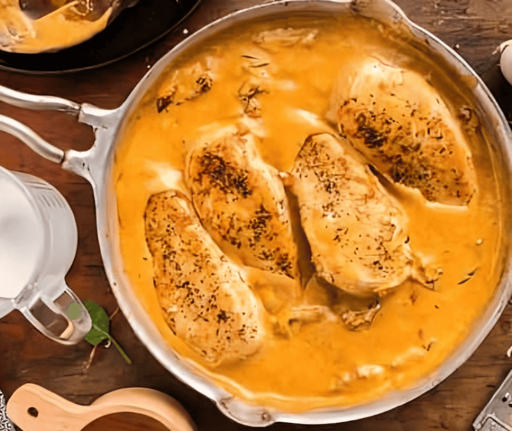 creamy sun dried tomato chicken in a skillet.