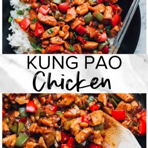 Kung Pao Chicken recipe with peppers and onions cooked in a wok.
