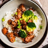 bowl of teriyaki chicken with rice and broccoli