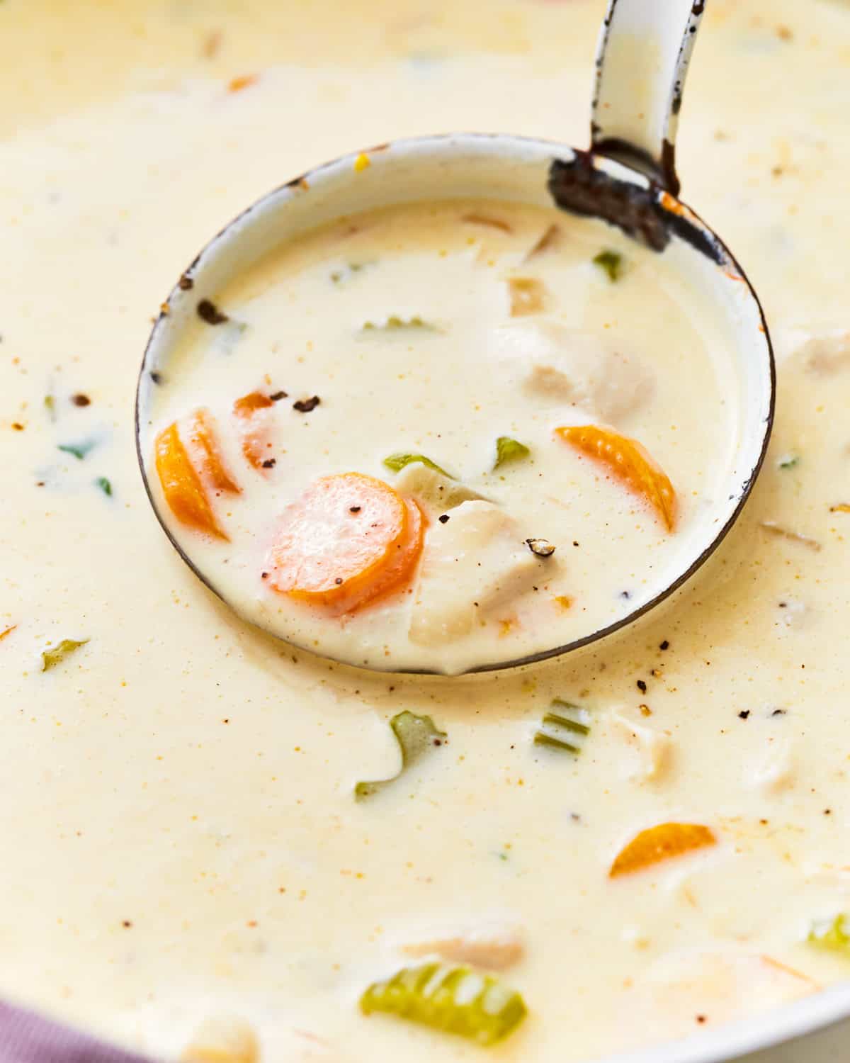 a ladleful of creamy chicken soup.