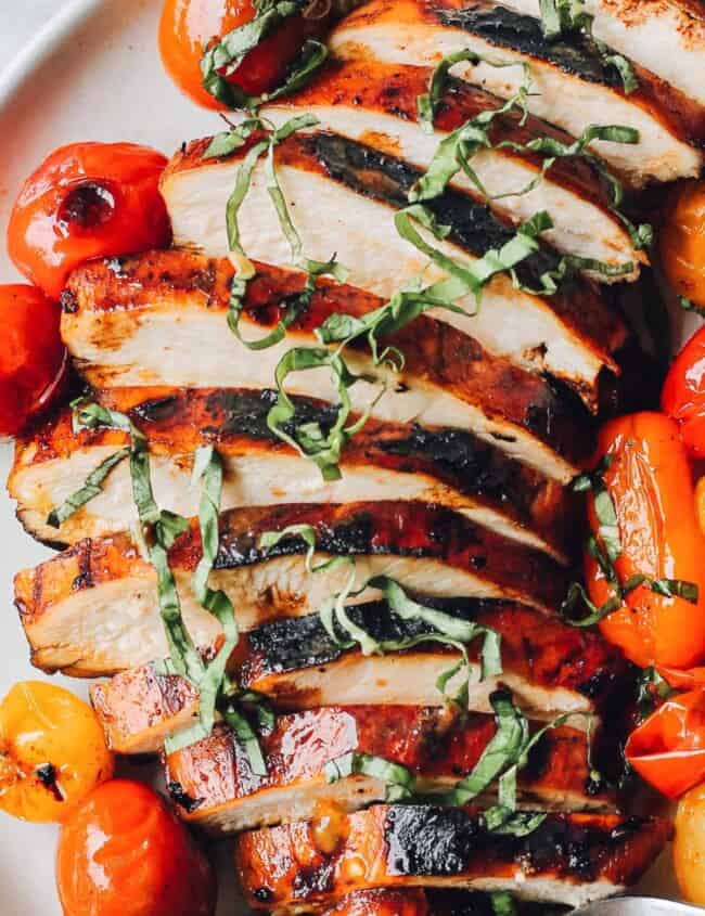 up close image of grilled balsamic chicken thinly sliced