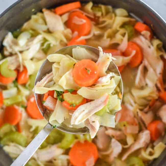 scoop of chicken noodle soup over pot