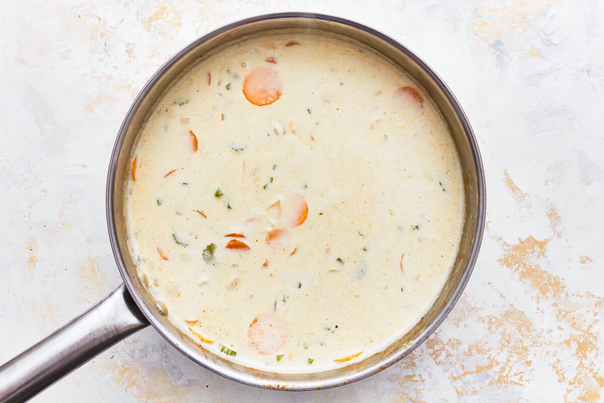 creamy soup in a pot.