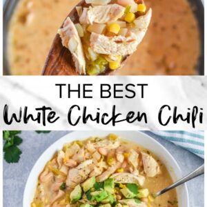 The easiest and most delicious white chicken chili served in a bowl with a spoon.