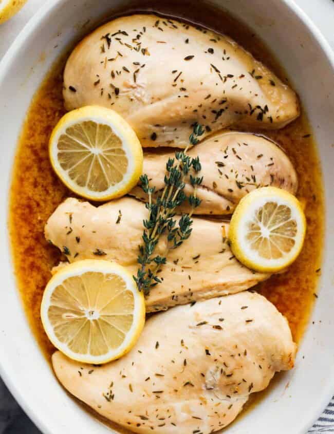 baked lemon chicken in baking dish