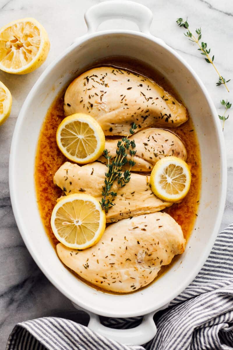 baked lemon chicken in baking dish