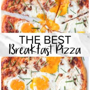 The ultimate breakfast pizza plated with eggs.