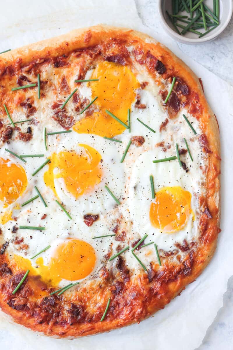 Top shot of the baked breakfast pizza