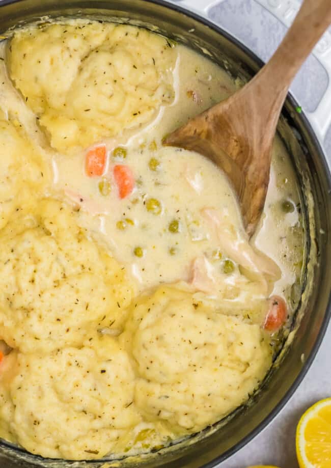 chicken and dumplings with a wooden spoon