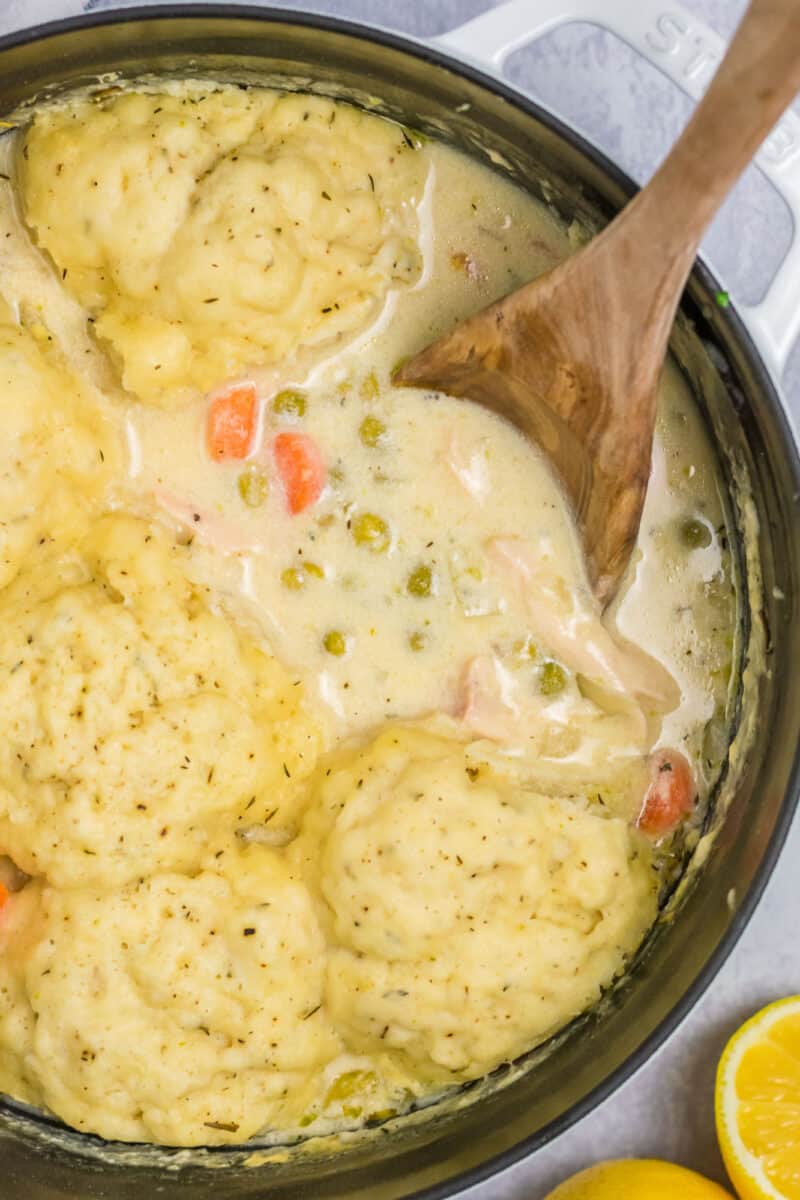 Chicken and dumplings in a pot with a spoon
