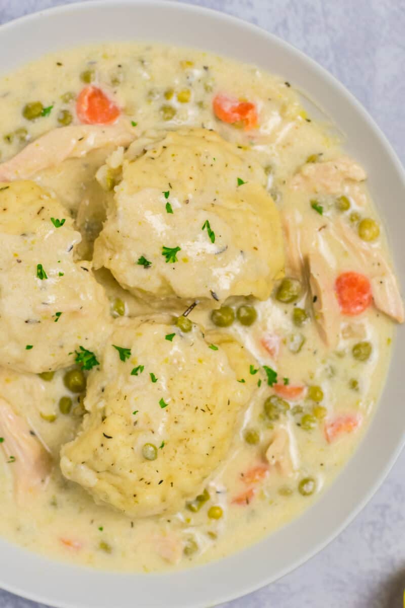 Overhead shot of chicken and dumplings in a bowl
