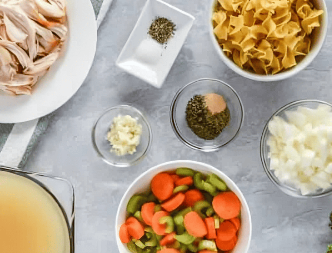 ingredients for homemade chicken noodle soup.