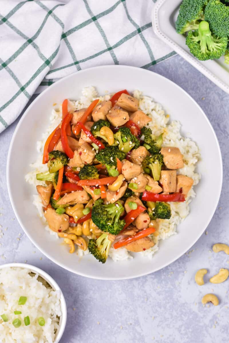 Chicken Teriyaki Stir Fry served on a plate with white rice