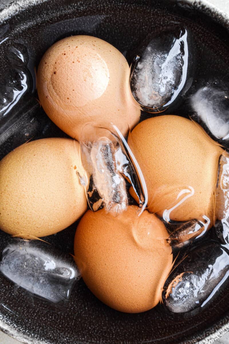 The hard boiled eggs in ice water