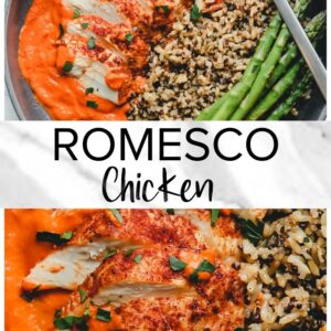 Romesco chicken skillet with rice and asparagus.