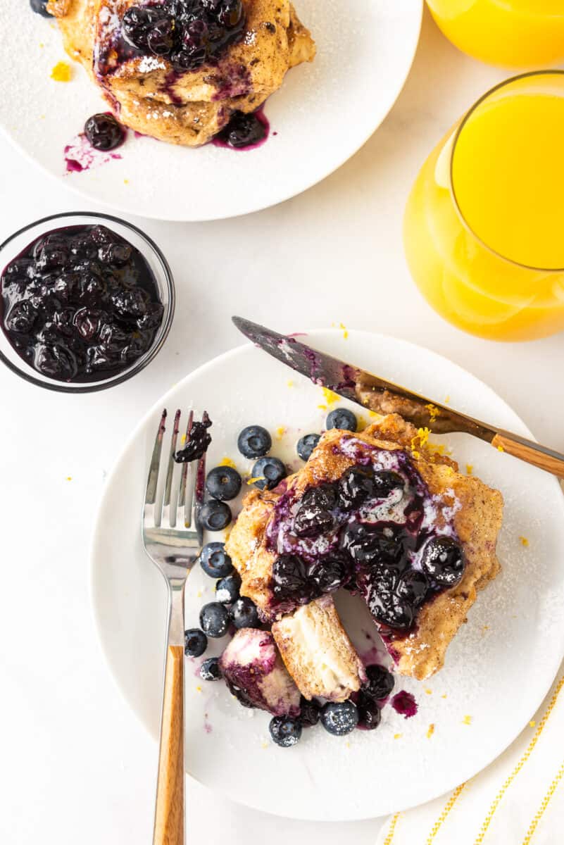 overhead image of french toast with blueberry sauce