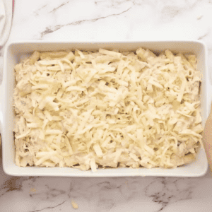 Mozzarella cheese is sprinkled across the top of ziti in a baking dish.