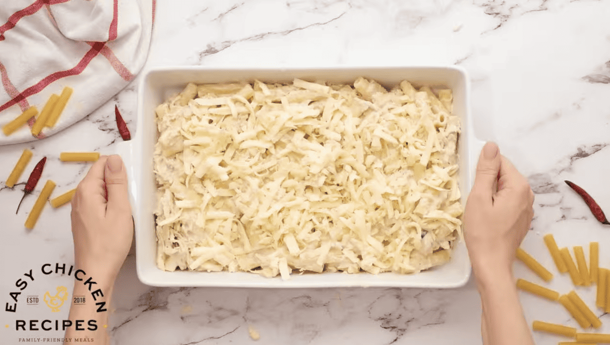 Buffalo chicken ziti in a baking dish.