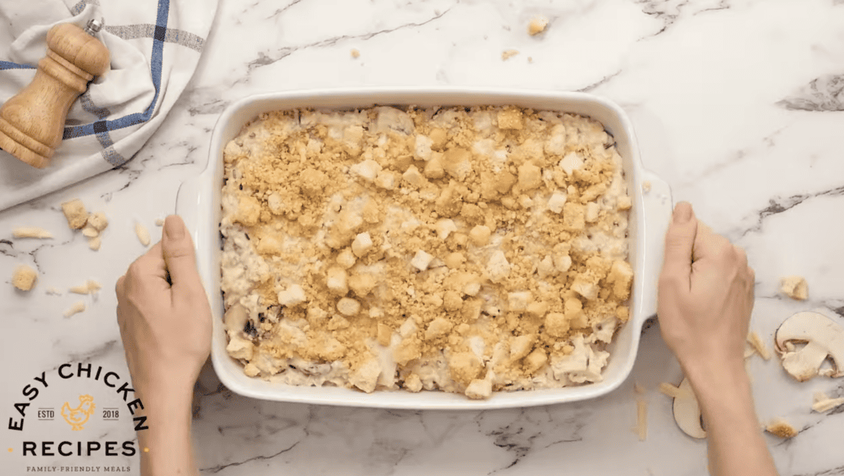 croutons have been added on top of the casserole