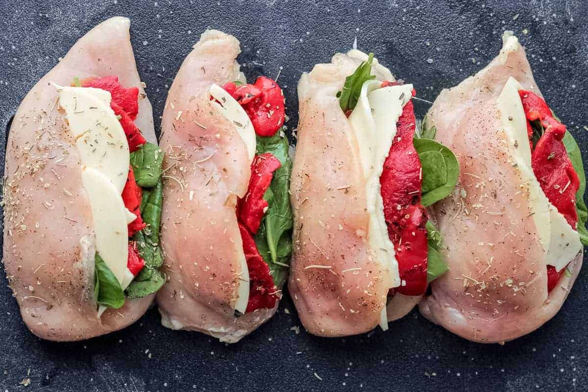 Stuffed chicken breasts filled with spinach and cheese.