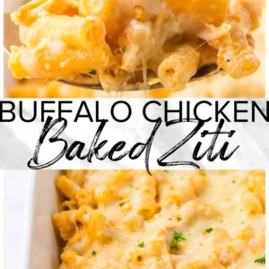 Buffalo chicken baked ziti served in a white dish.