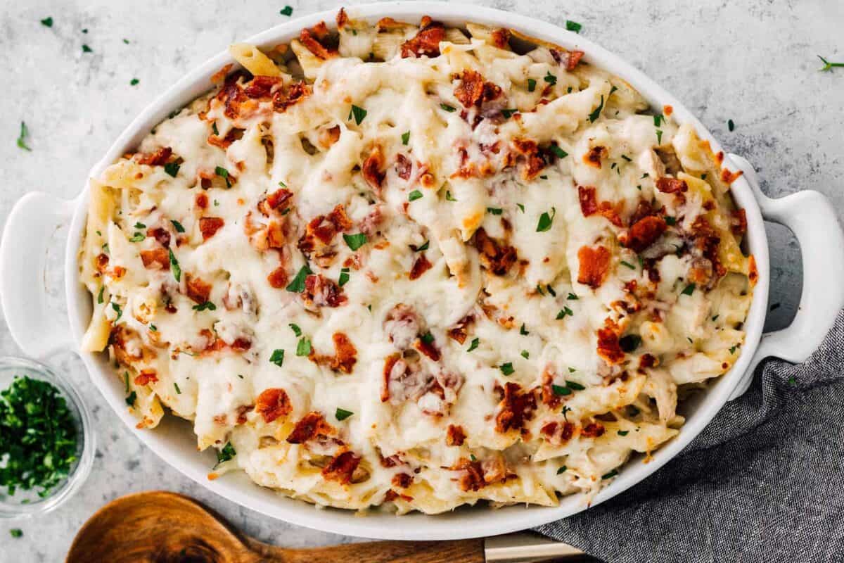 chicken bacon ranch pasta bake in dish