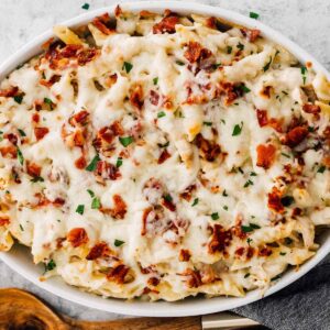 chicken bacon ranch pasta bake in dish