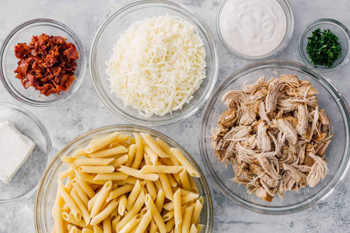 ingredients for chicken bacon ranch pasta bake