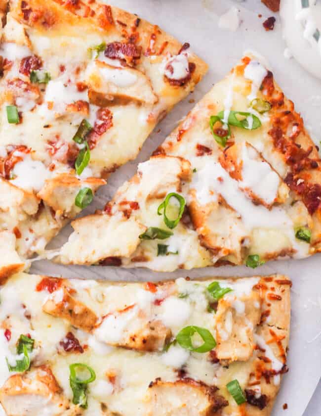 chicken bacon ranch pizza with slice