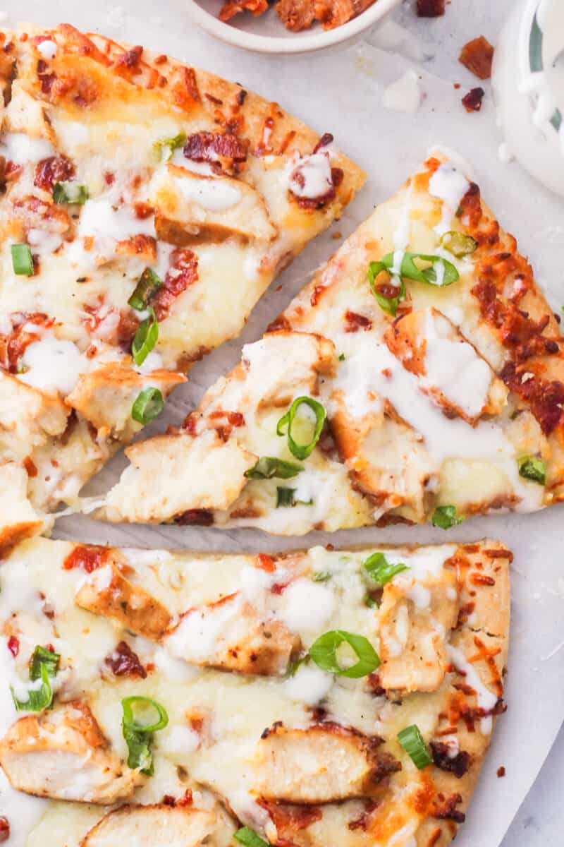 chicken bacon ranch pizza with slice