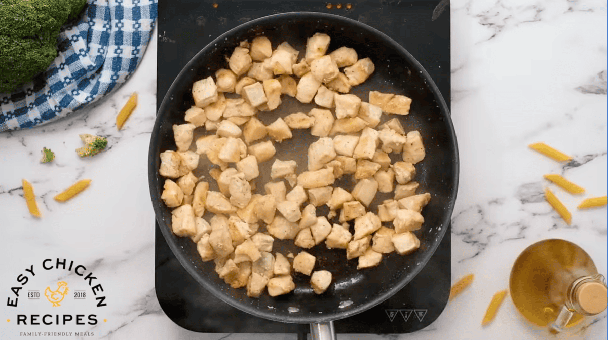 cooked cubed chicken in a pan.