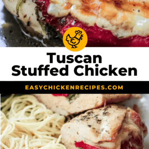 Stuffed chicken recipe with Tuscan flavors served alongside spaghetti.