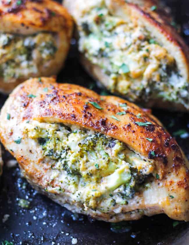 broccoli cheese stuffed chicken on a skillet