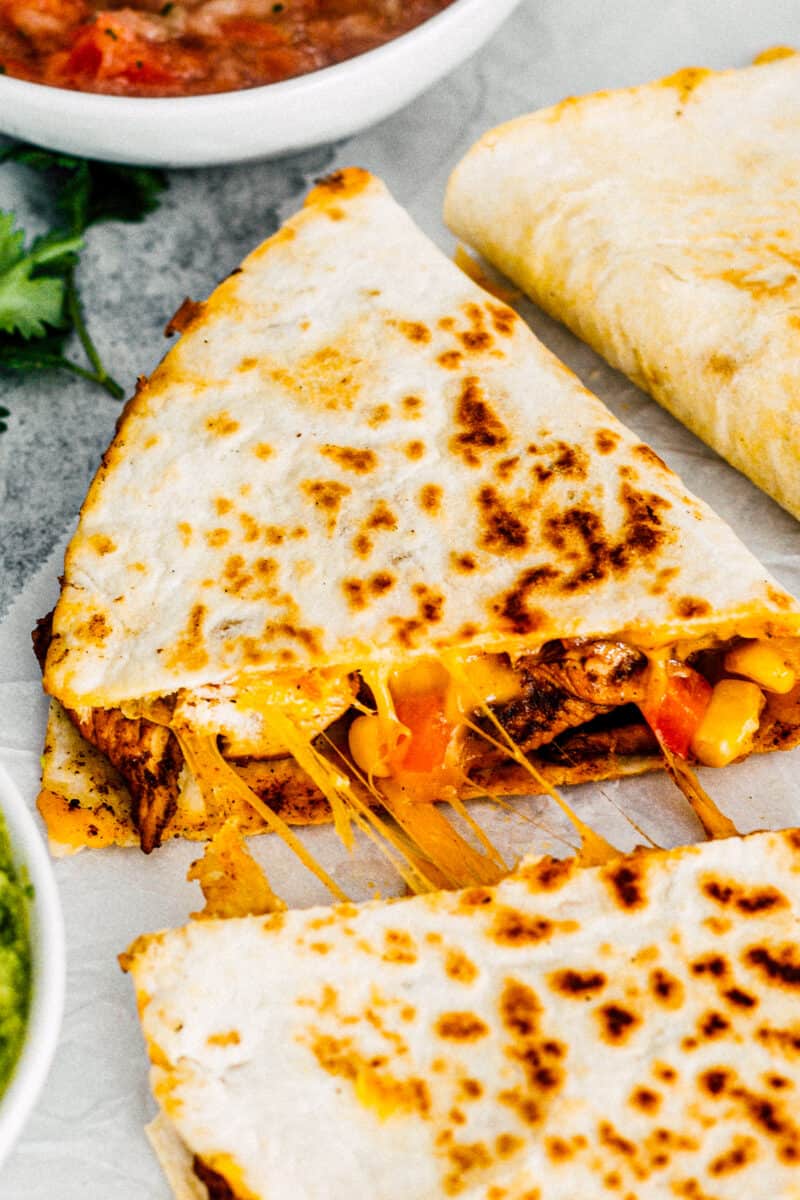 up close chicken quesadilla from the side